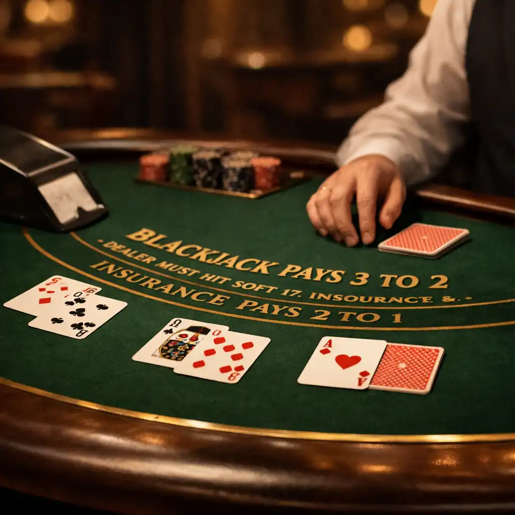 Blackjack table with curved layout, playing cards, and a shoe in an elegant lounge