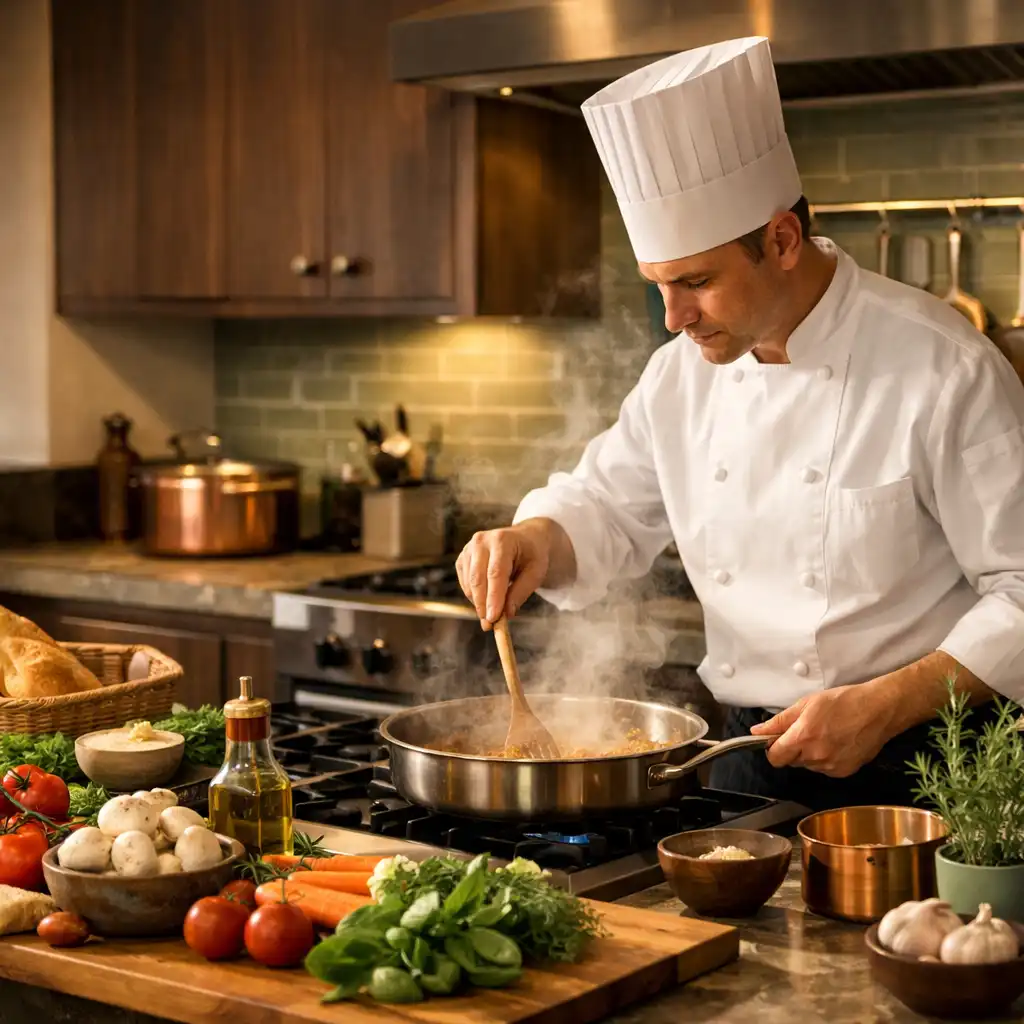 Chef working at a pan in Dineqarlo's kitchen with fresh vegetables nearby