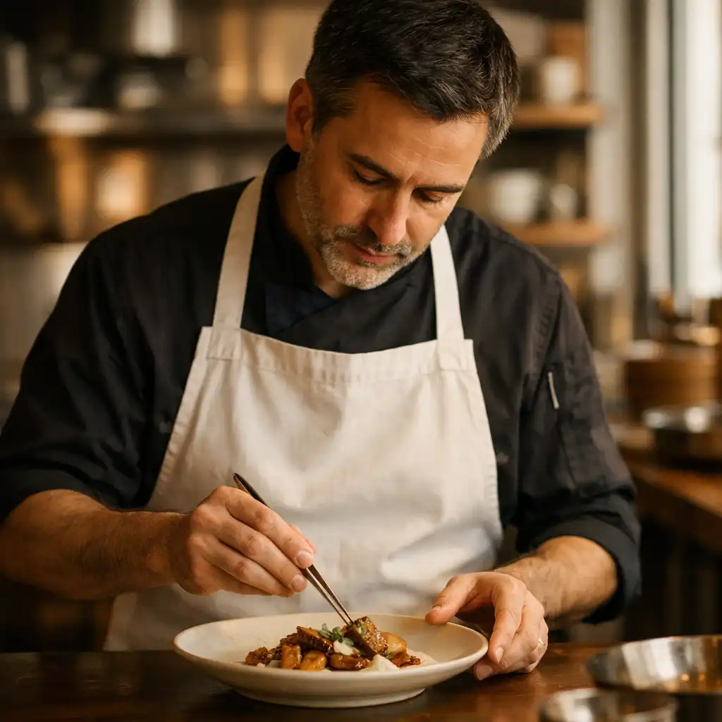Chef carefully plating a dish in Dineqarlo's warm kitchen