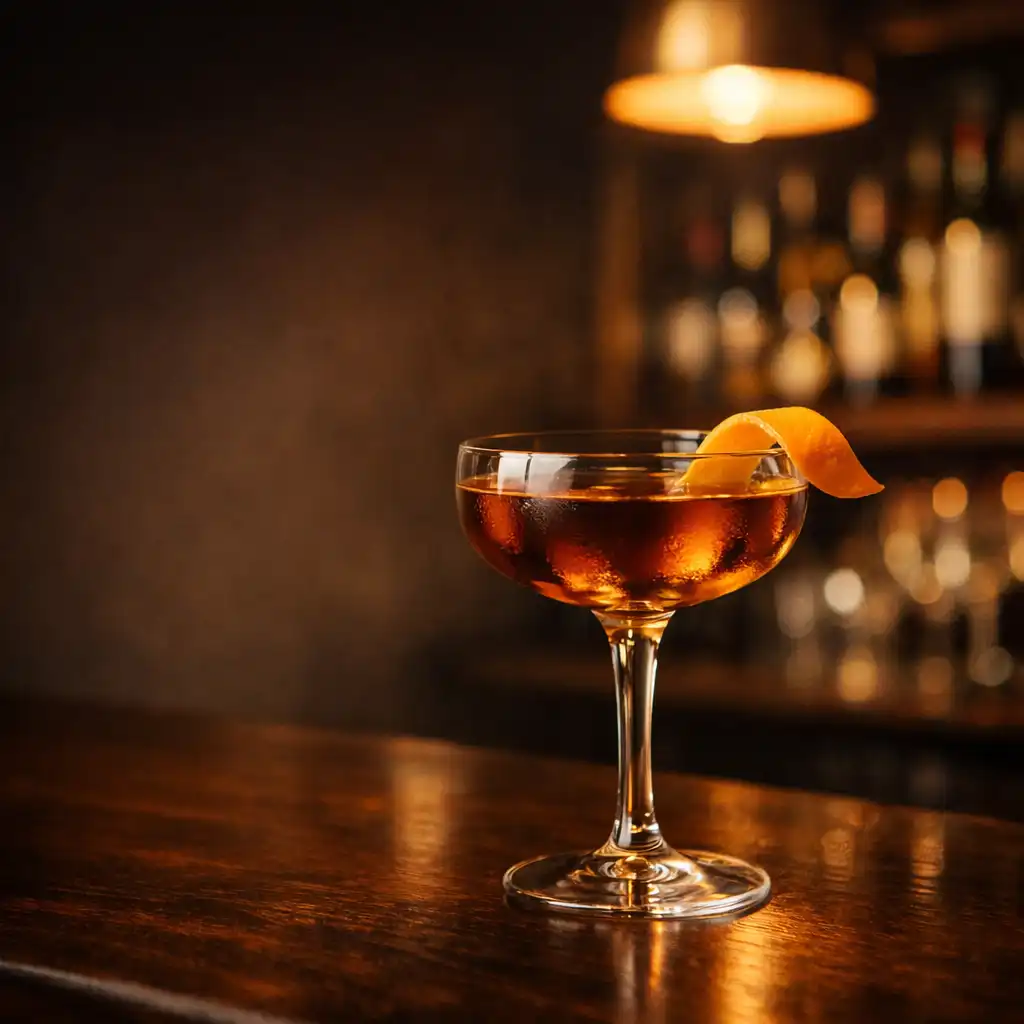 Sophisticated cocktail in a coupe glass with orange peel garnish on a dark wood bar