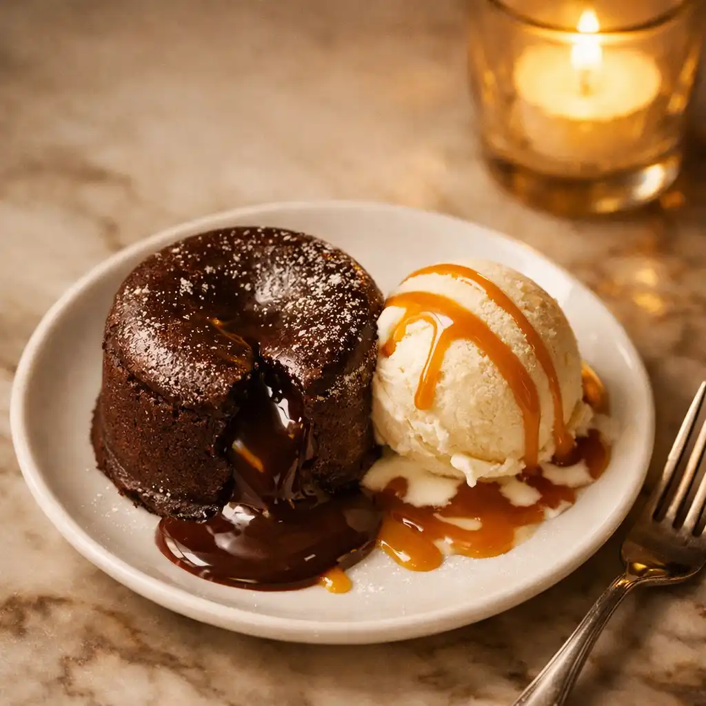 Chocolate fondant dessert with vanilla ice cream and caramel drizzle on a marble counter