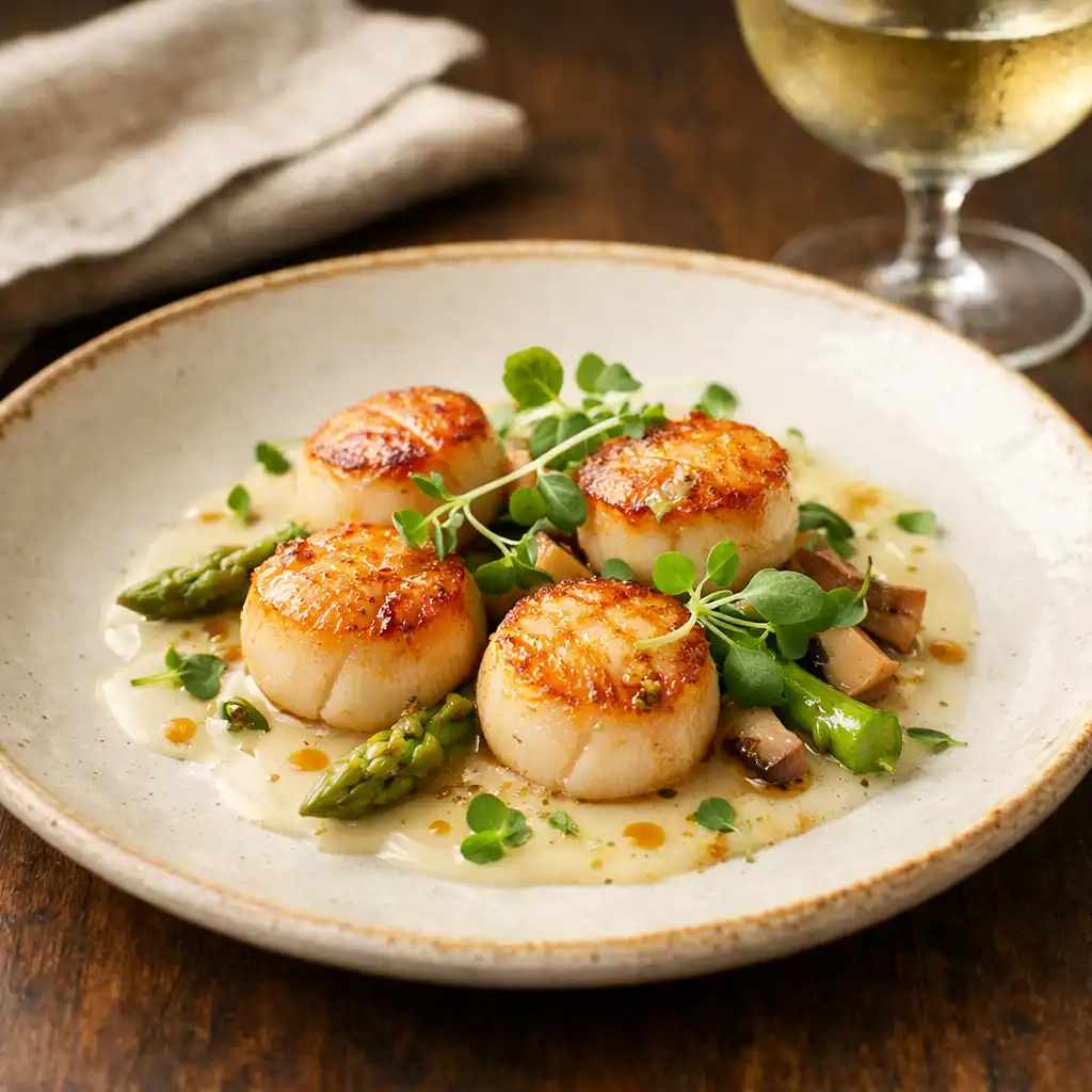 Plated seafood dish with seared scallops, delicate sauce, and microgreens on a dark wood table