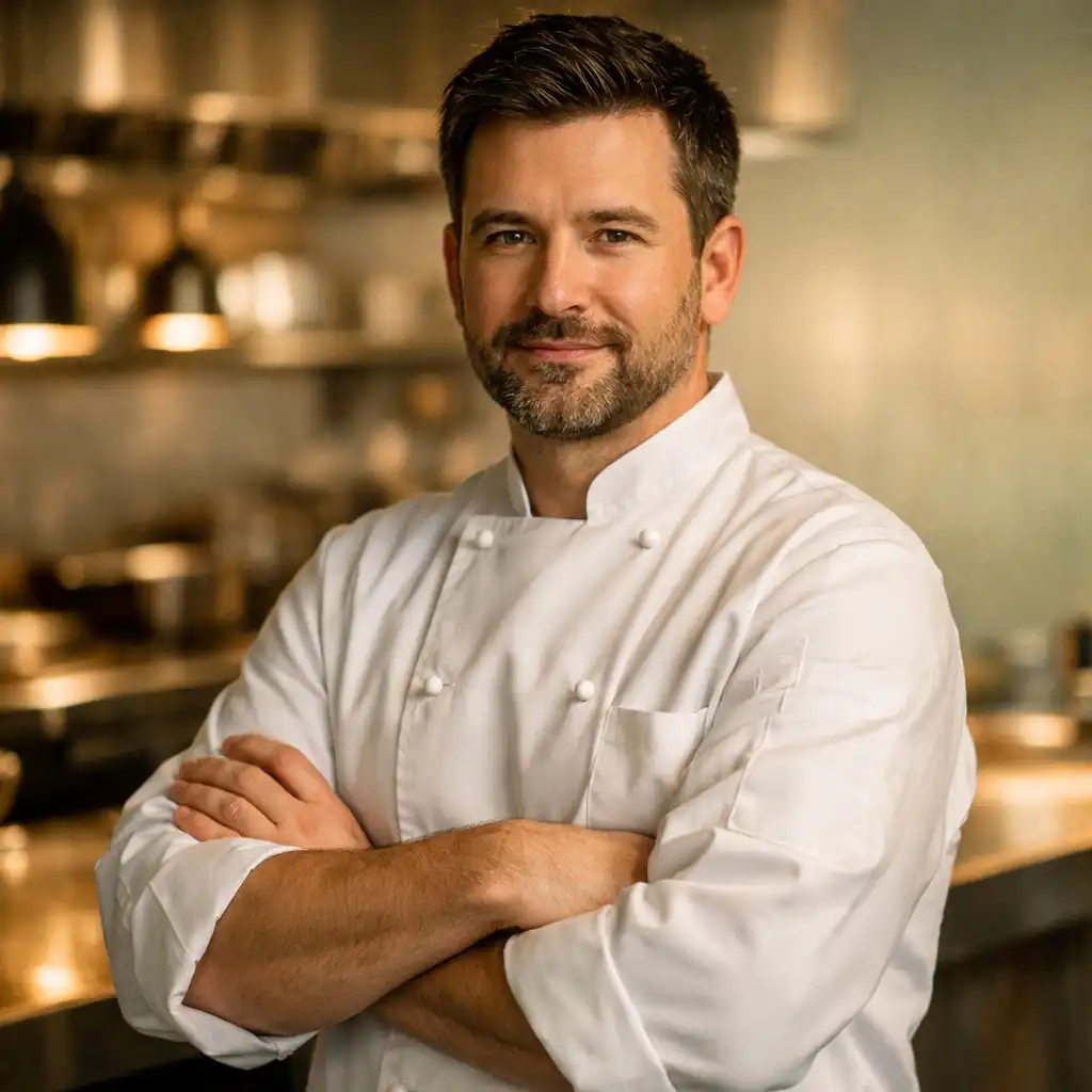 Portrait of the head chef at Dineqarlo in a white chef jacket, standing in the kitchen