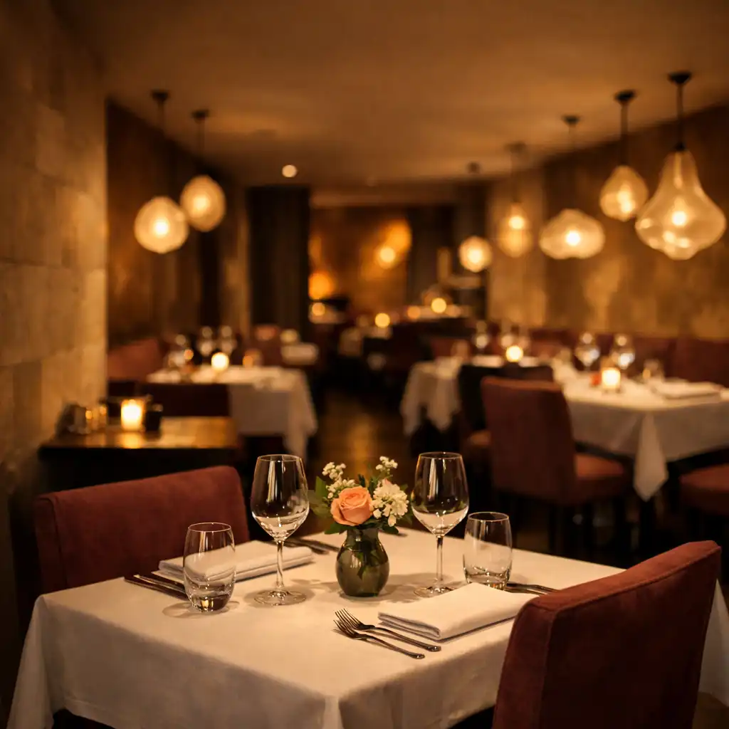 Warm, intimate dining room at Dineqarlo with dark oak tables, upholstered chairs, and sculptural pendant lighting