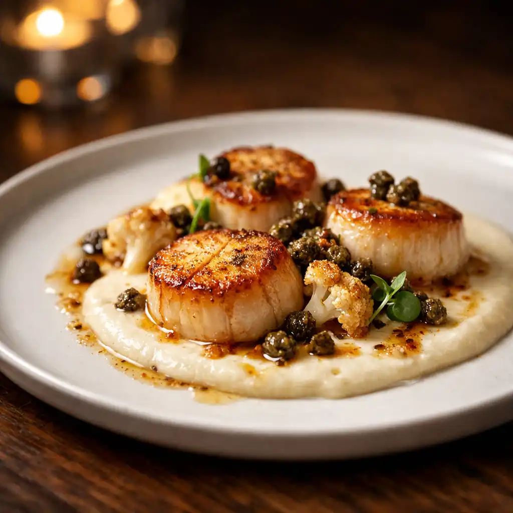 Seared scallops with cauliflower velouté, brown butter, and crispy capers on a white ceramic plate