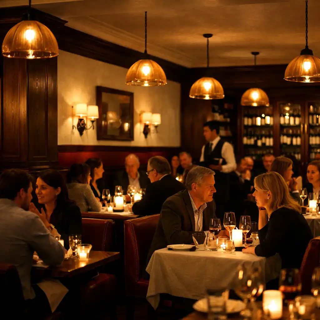 Main dining room at Dineqarlo during evening service with candlelit tables and warm pendant lights