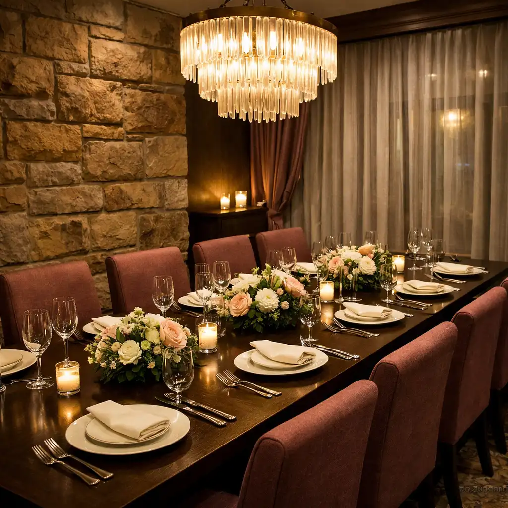 Private dining room at Dineqarlo with a long dark wood table set for ten guests