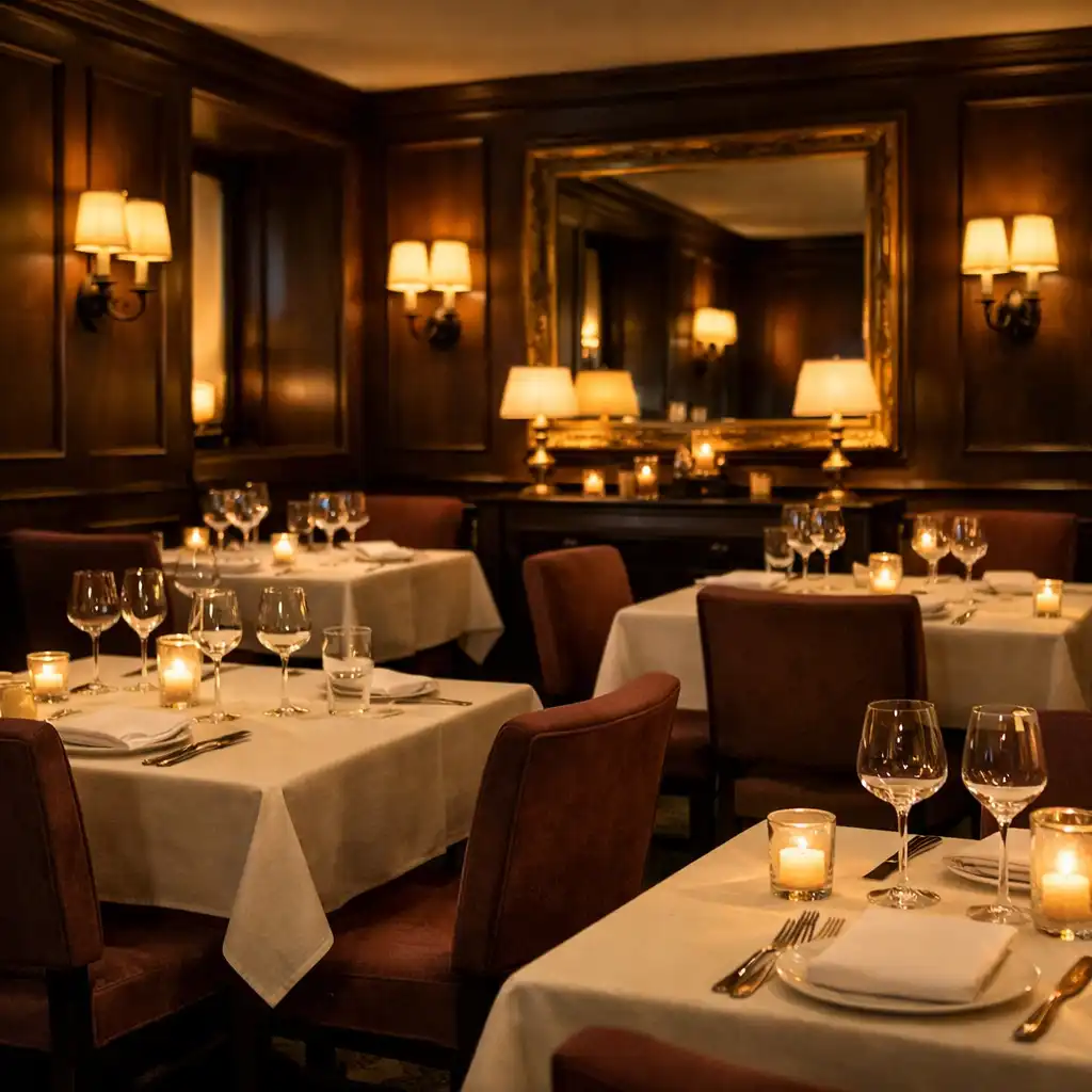 Intimate Dineqarlo dining room with warm lighting and set tables