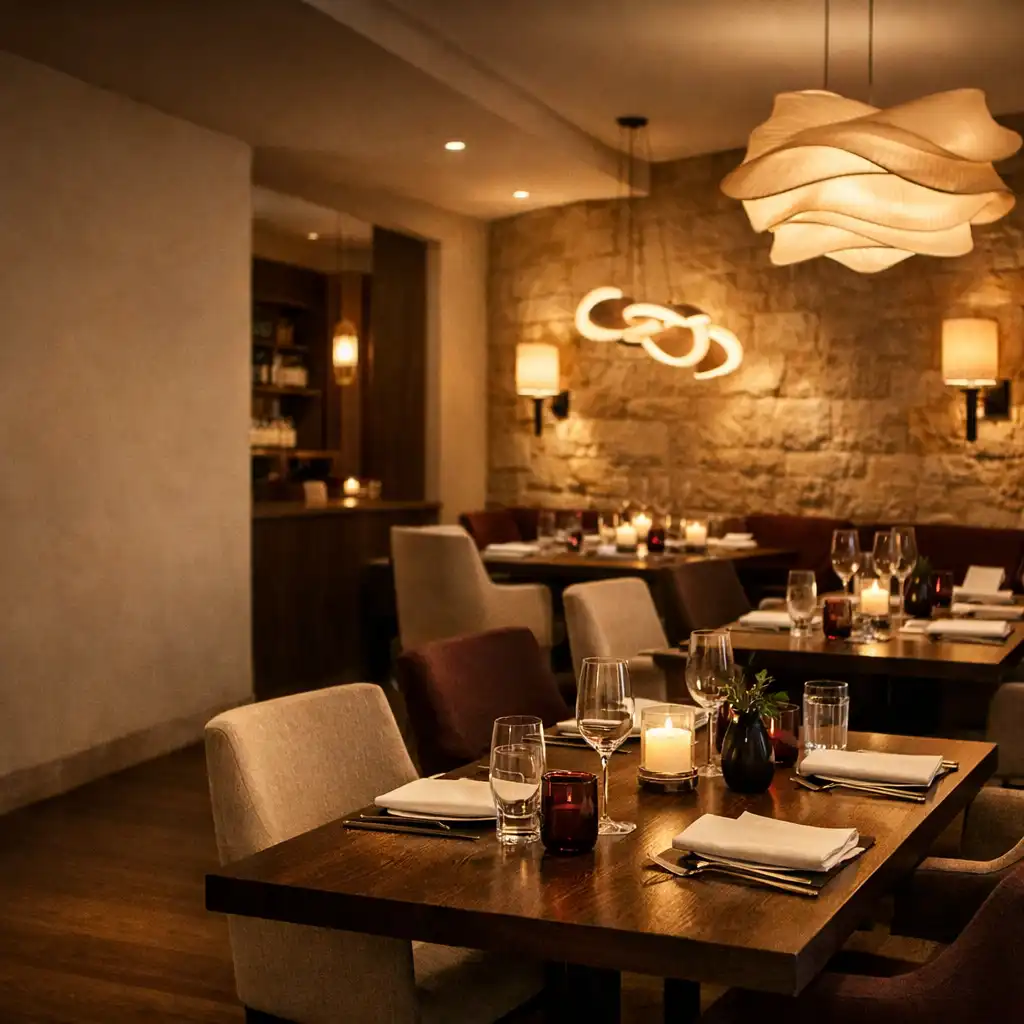 Warm, inviting dining room at Dineqarlo with sculptural lighting, dark oak tables, and linen-covered chairs
