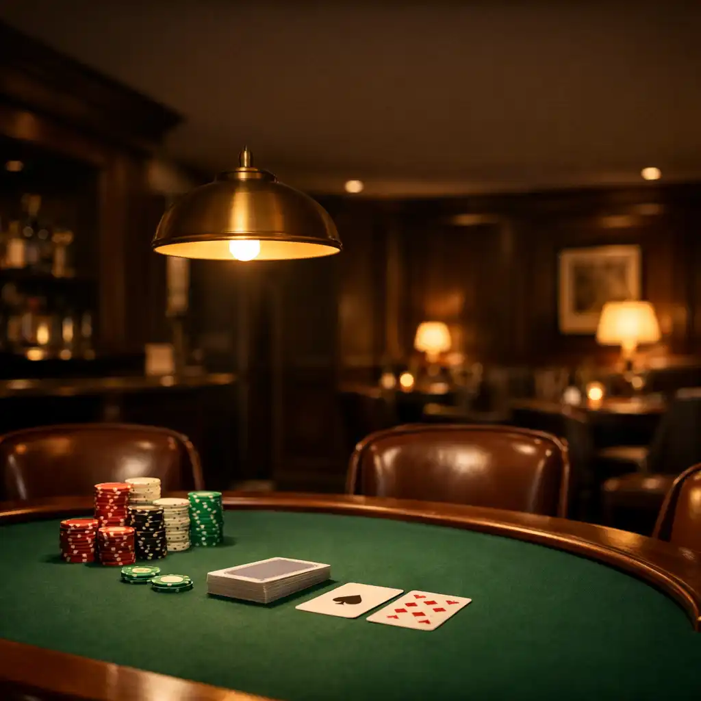 Dimly lit card lounge interior with a green felt poker table, neatly stacked chips, and warm pendant lighting