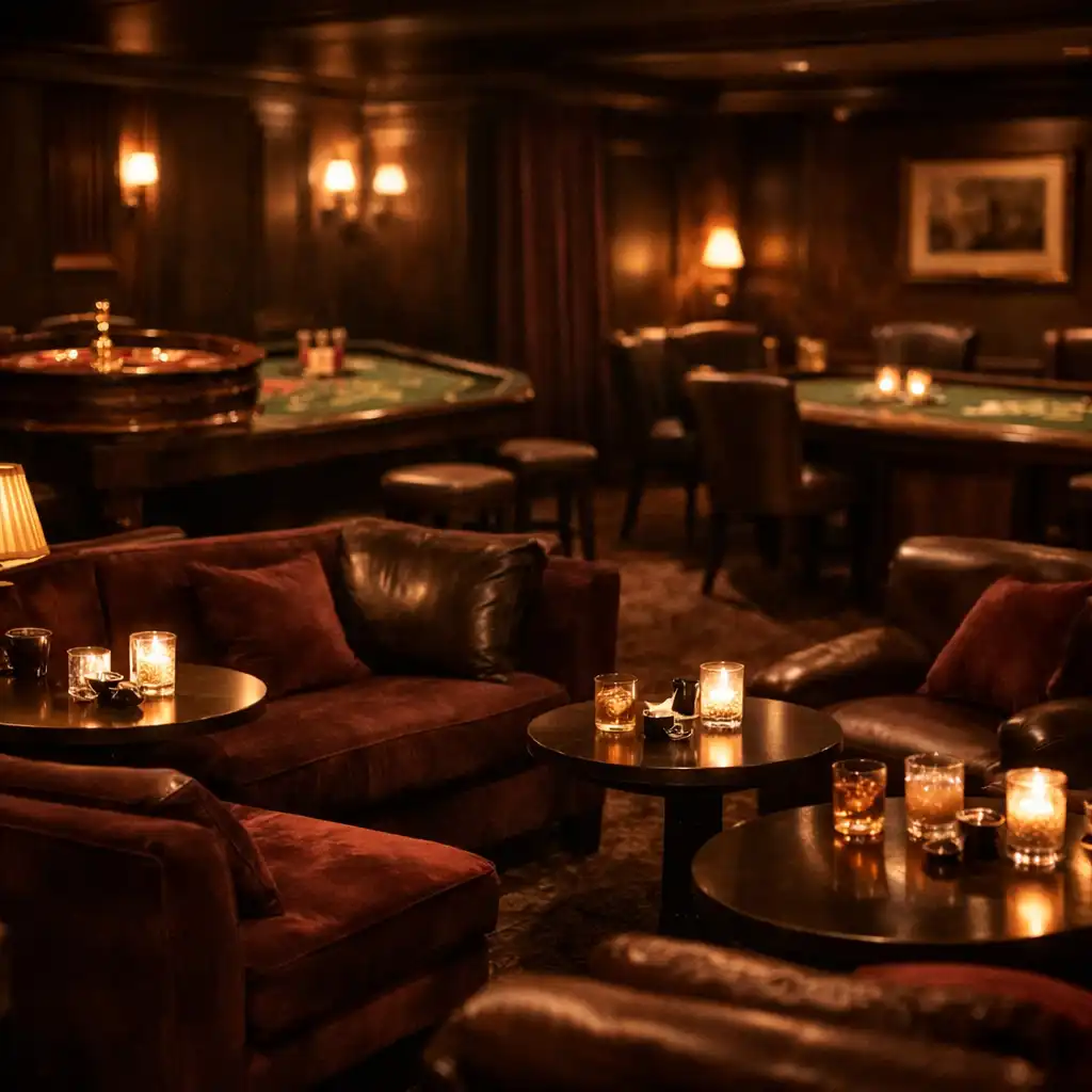 An intimate evening lounge with plush seating in deep wine and espresso tones, softly lit with discreet table games in the background