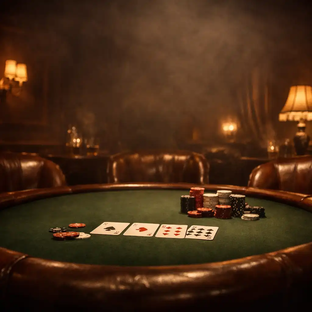 Intimate evening lounge with a green felt poker table, leather chairs, and warm sconce lighting