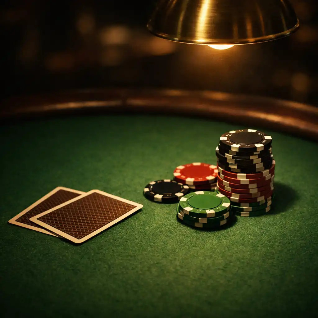 Close-up of a poker table with green felt, stack of chips, and playing cards under a pendant lamp