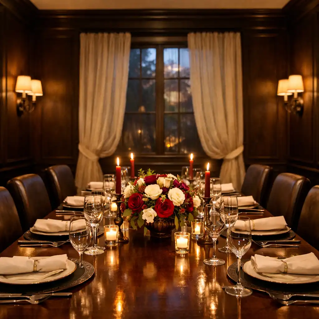 Private dining room with a long table set for eight, candles, and a floral centerpiece