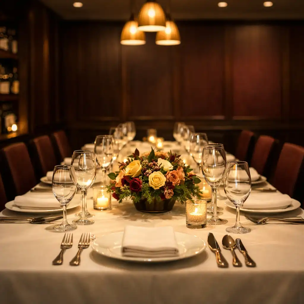 An elegant private dining table set with white linens, polished silverware, and crystal glassware under warm pendant lighting