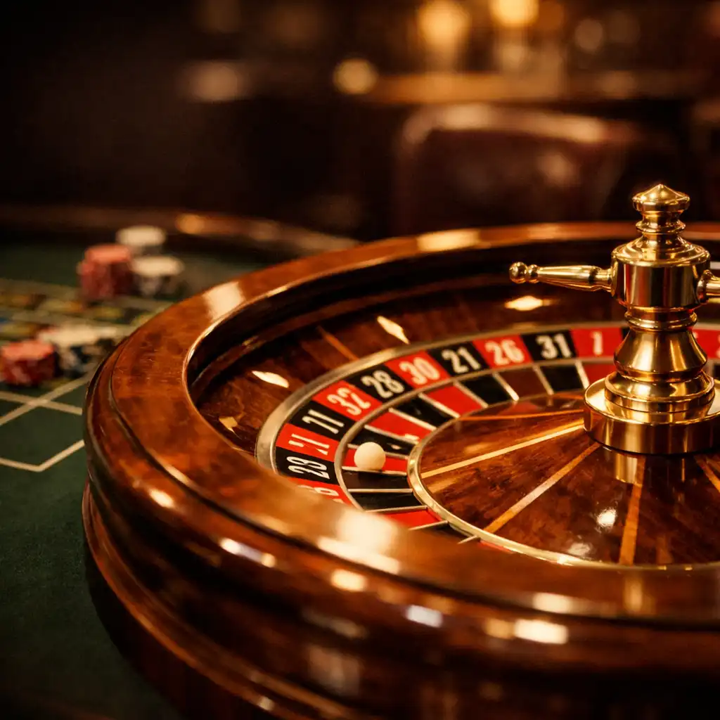 Roulette table with polished wooden rim and red and black wheel in a dimly lit lounge