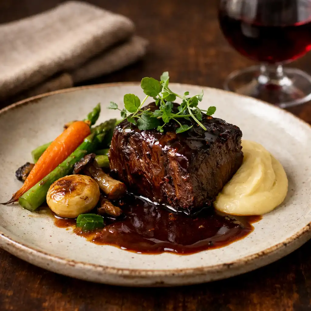 Elegantly plated modern British-European dish with slow-cooked meat and seasonal vegetables